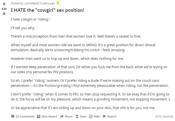 women who hate cowgirl sex